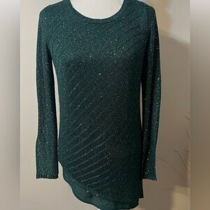 APT 9 Women’s Asymmetrical Sequin Sparkling Forest Green Long Sleeve Top Small